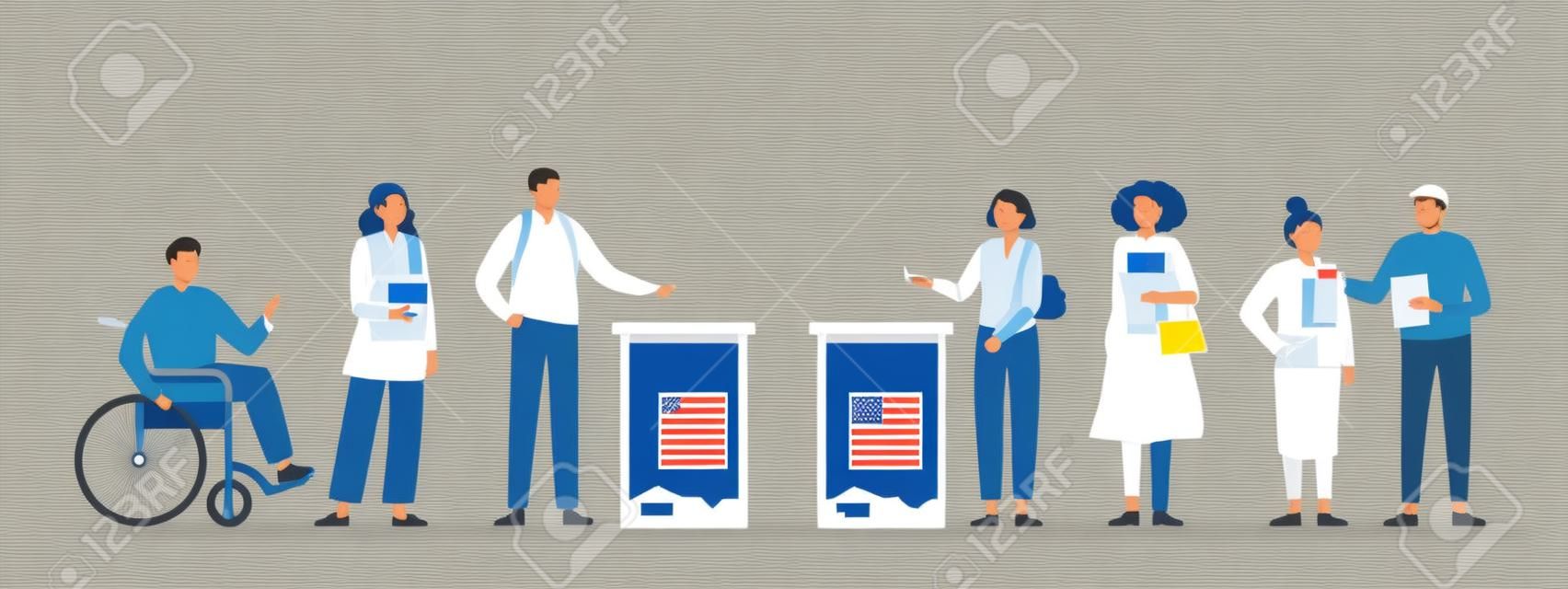 Koncepcja dnia wyborów. różni wyborcy oddający głosy w lokalu wyborczym. mężczyźni i kobiety wkładają papierowe karty do głosowania do urny wyborczej. demokratyczne wybory. płaska ilustracja wektorowa.
