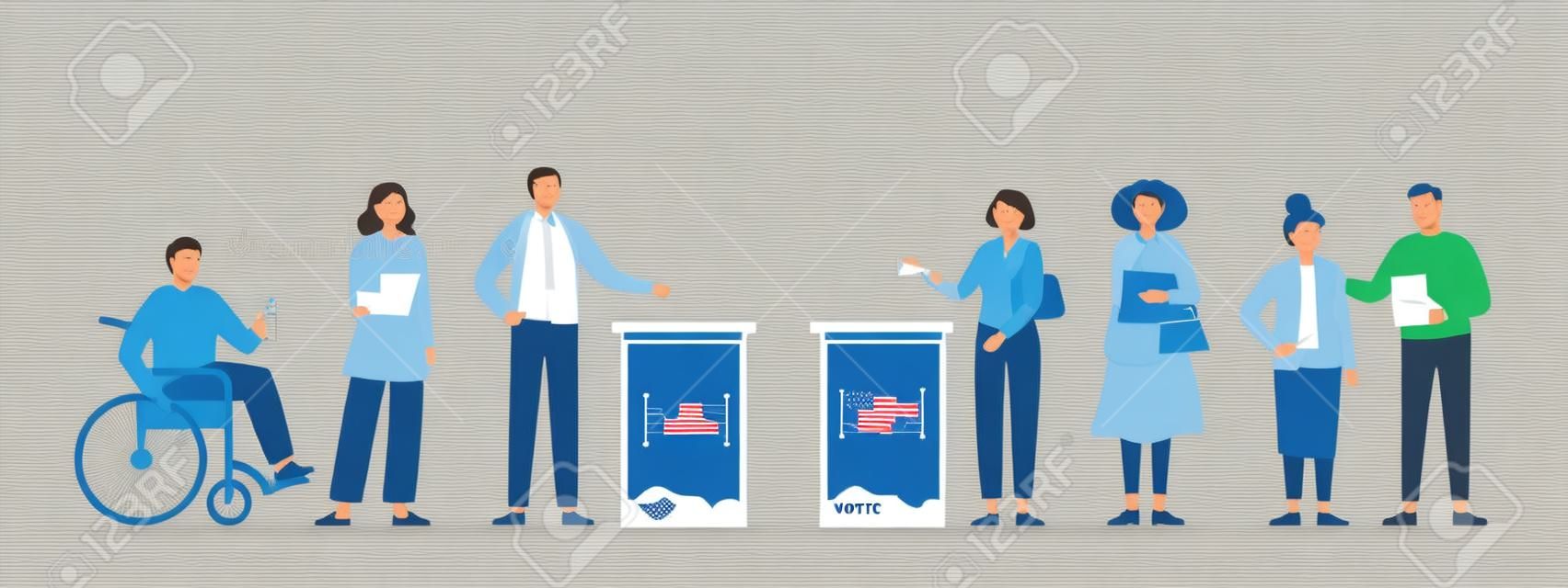Election day concept. Different voters casting ballots at the polling place. Men and women putting paper ballots to election box. Democratic election. Vector flat illustration.