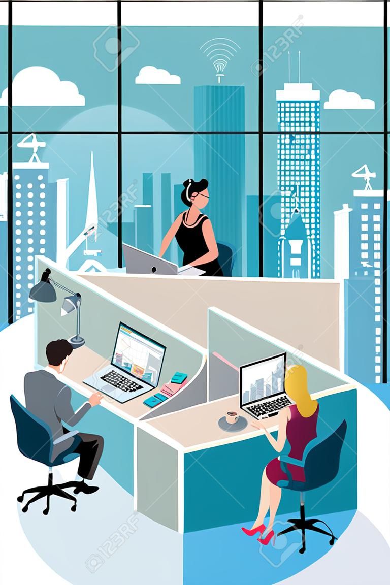Büro İşçileri laptop ile çalışan masalarında oturan. Onların arkasında, büyük bir pencereden, gökdelenler olan bir şehir vardır.