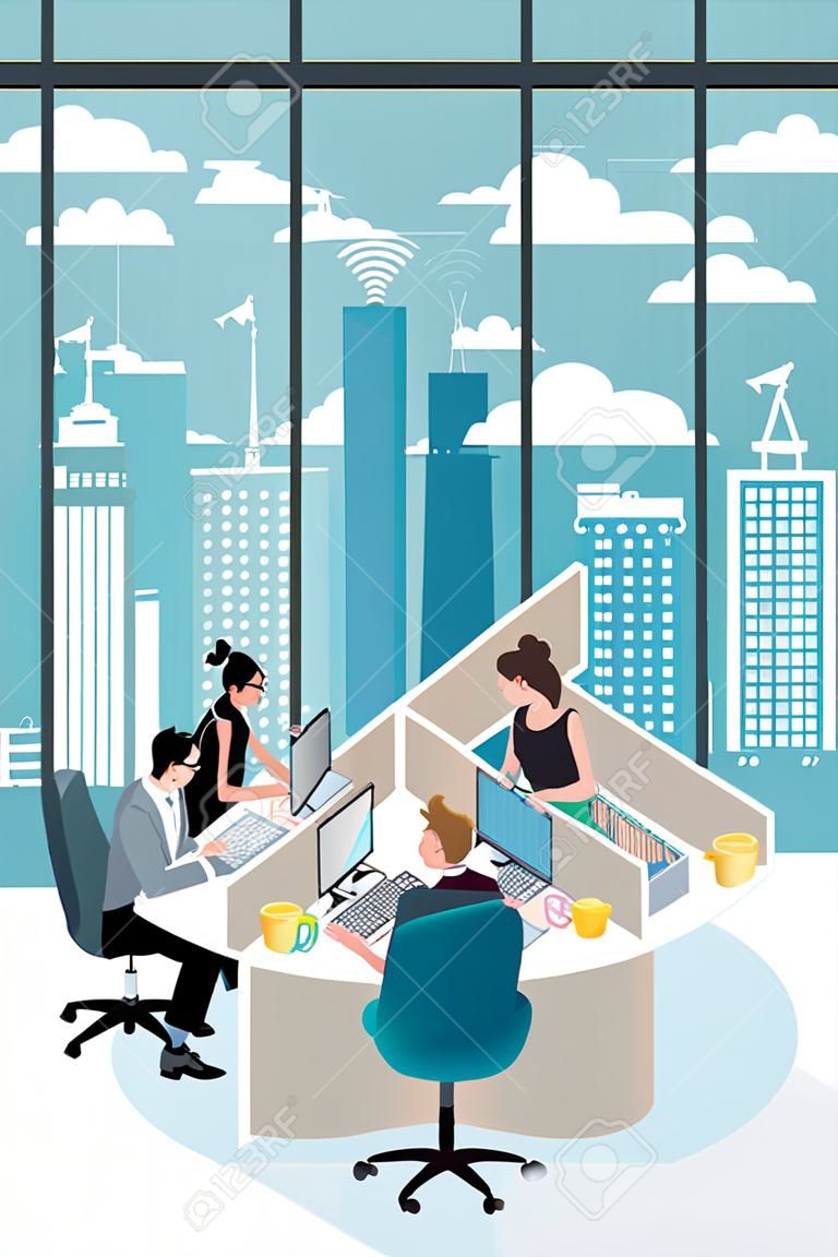 Büro İşçileri laptop ile çalışan masalarında oturan. Onların arkasında, büyük bir pencereden, gökdelenler olan bir şehir vardır.