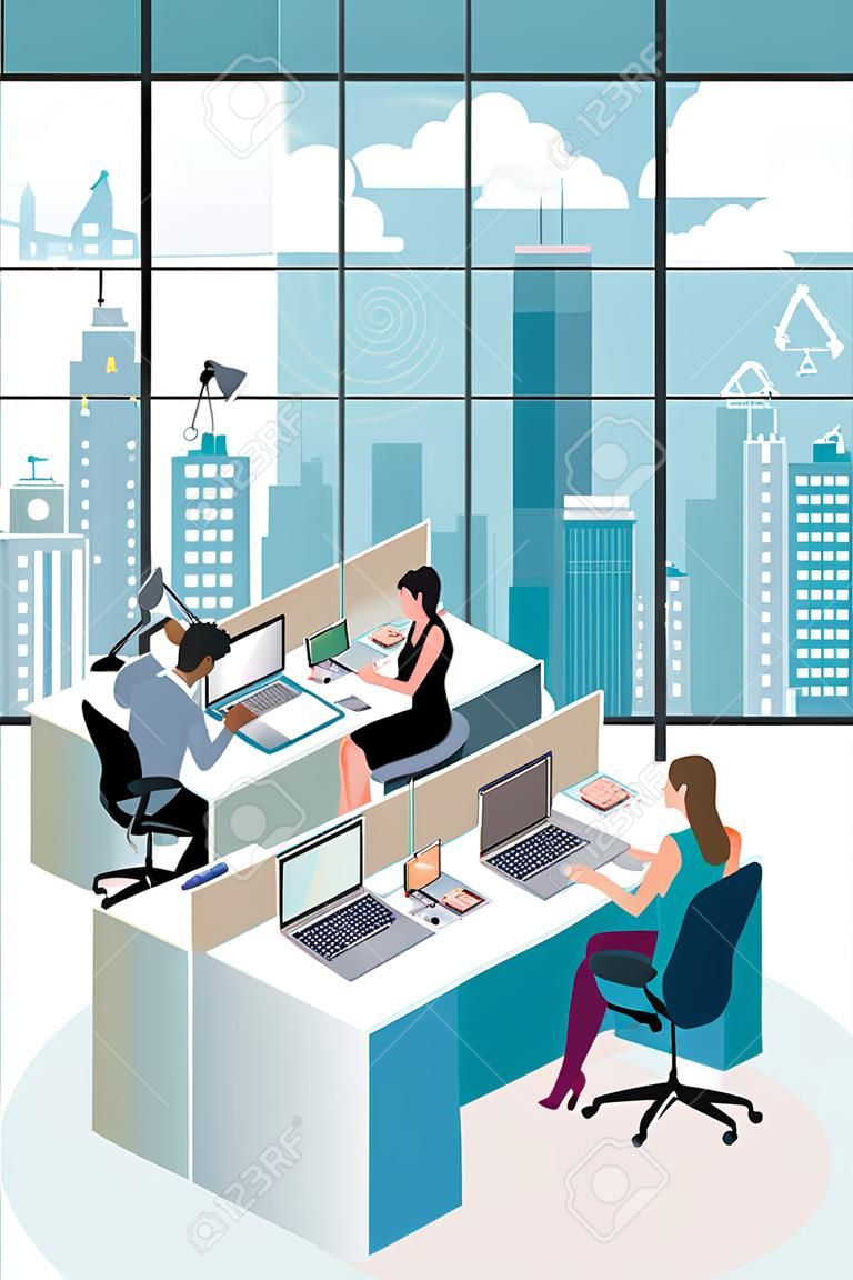 办公室的工作人员坐在办公桌前，背着笔记本电脑在一扇大窗户上工作，那里有一座摩天大楼。