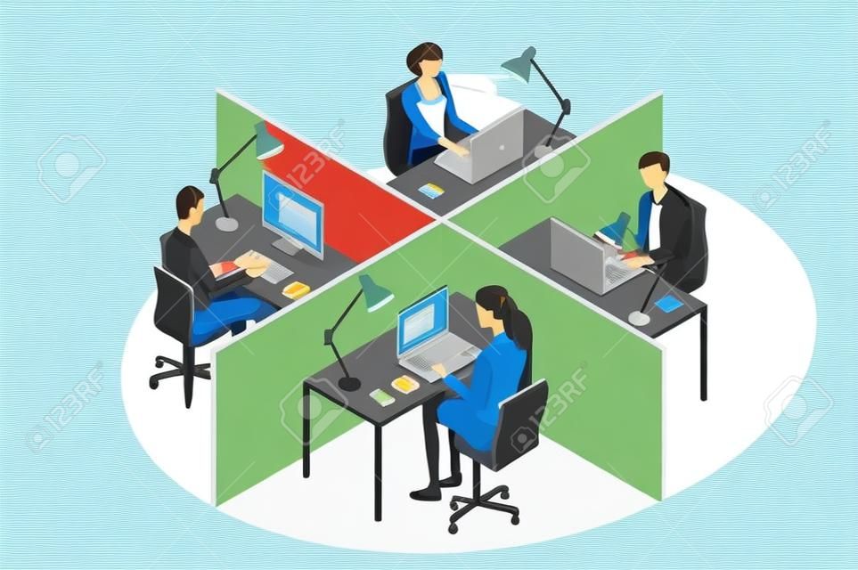Quatre employés de bureau dans un bureau, séance de travail à leur bureau, avec leur ordinateur portable. Perspective isométrique.