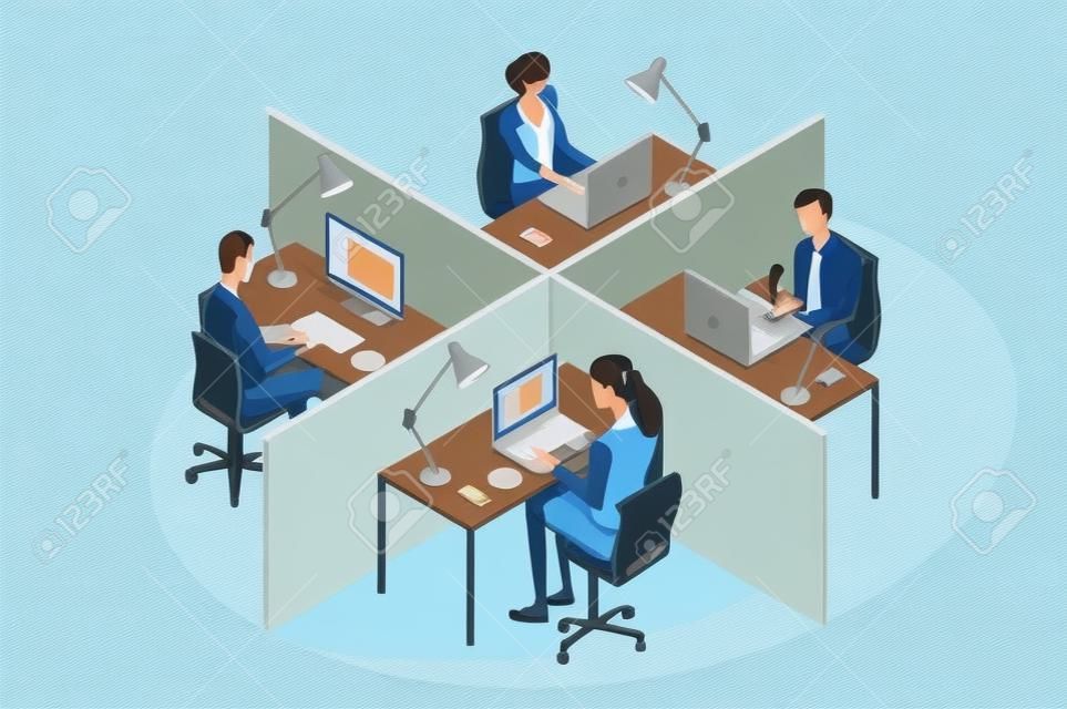 四上班族在辦公室裡，工作坐在自己的辦公桌，與他們的筆記本電腦。等距視角。