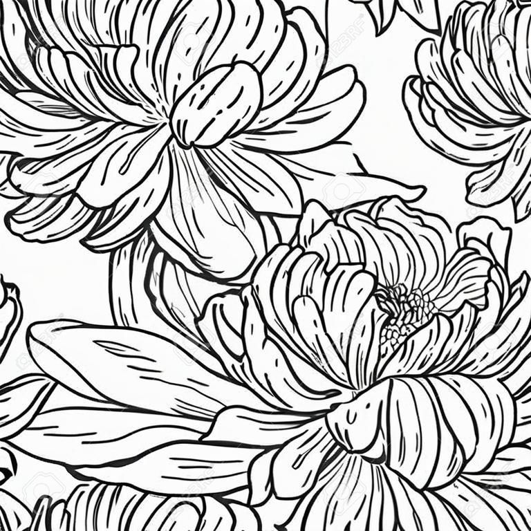 흰색에 고립 된 손으로 그린​​ 국화 꽃과 원활한 꽃 검은 색과 흰색 트레이 서리 패턴