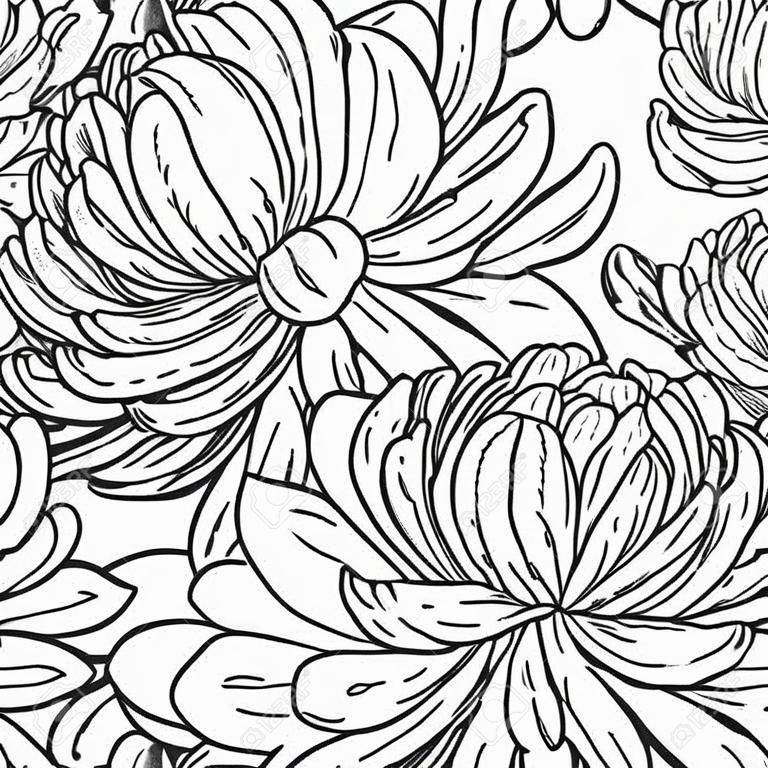 흰색에 고립 된 손으로 그린​​ 국화 꽃과 원활한 꽃 검은 색과 흰색 트레이 서리 패턴