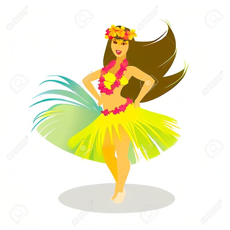 Illustration of a Hawaiian hula dancer woman dancing in a grass skirt