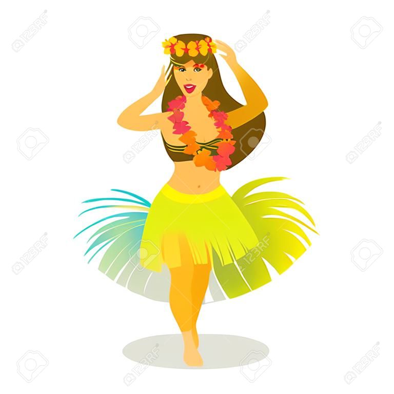 Illustration of a Hawaiian hula dancer woman dancing in a grass skirt