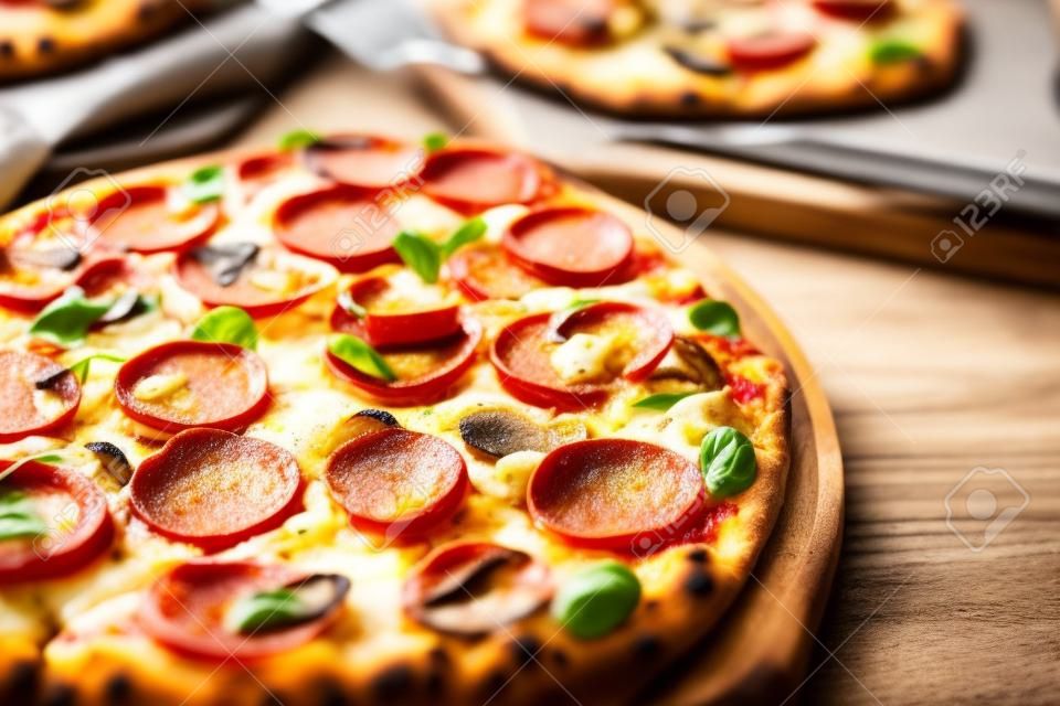 Heerlijke vers gebakken pizza's dicht op het houten bord, Ita
