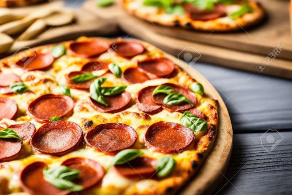 Delicious freshly baked pizzas close up on the wooden board, Ita
