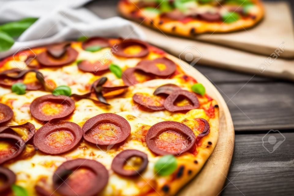 Heerlijke vers gebakken pizza's dicht op het houten bord, Ita