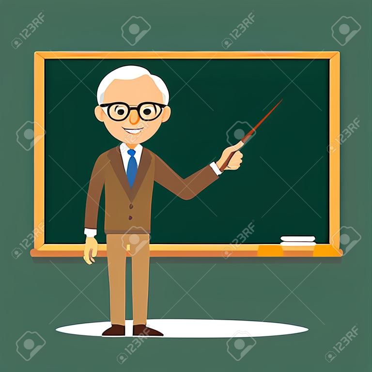 Elderly professor stands in front of blackboard with pointer in his hand. School teacher or lecturer at a university or college points to schoolboard. Illustration in flat style. Isolated.
