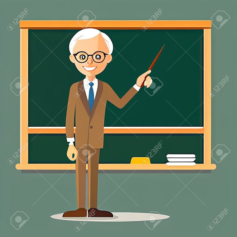 Elderly professor stands in front of blackboard with pointer in his hand. School teacher or lecturer at a university or college points to schoolboard. Illustration in flat style. Isolated.
