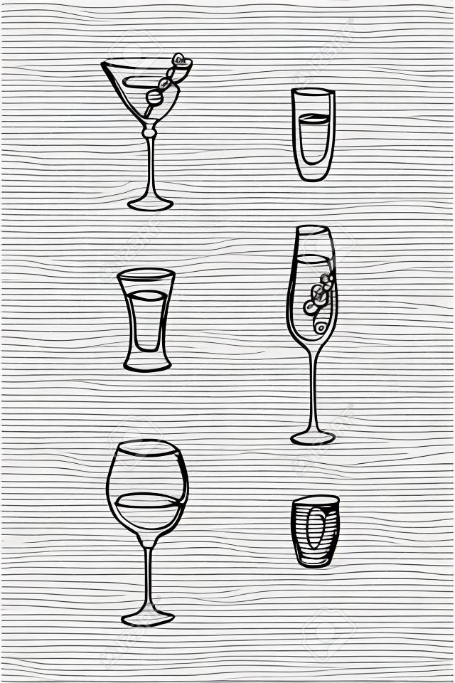 Eine strichzeichnung martini-rum-tequila-champagner-wein-wodka-glas auf weißem hintergrund. freihändige schwarz-weiße cartoon-grafikskizze. handgezeichnete durchgehende linie.