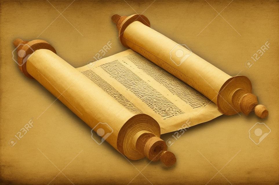 Ancient scrolls of papyrus paper with Hebrew text