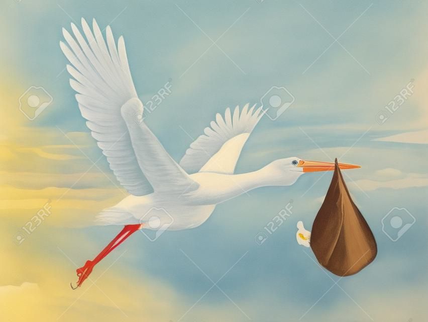 Classica rappresentazione di una cicogna in volo consegna un neonato