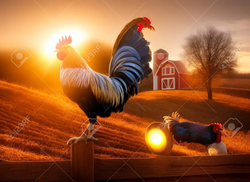Rooster perched upon a farm fence post as the sun rises behind him