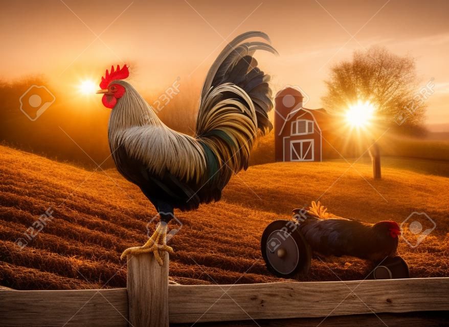 Rooster perched upon a farm fence post as the sun rises behind him