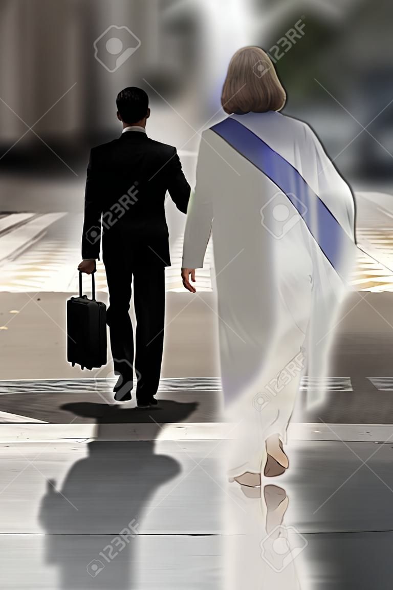 Dubbele blootstelling van een zakenman die door de straat loopt met Jezus aan zijn zijde