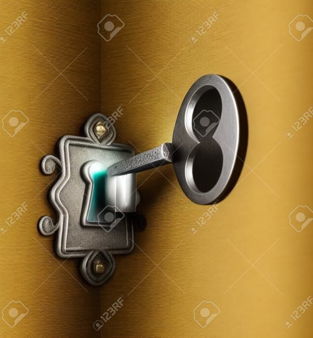 A close-up of a key moving towards the key hole.