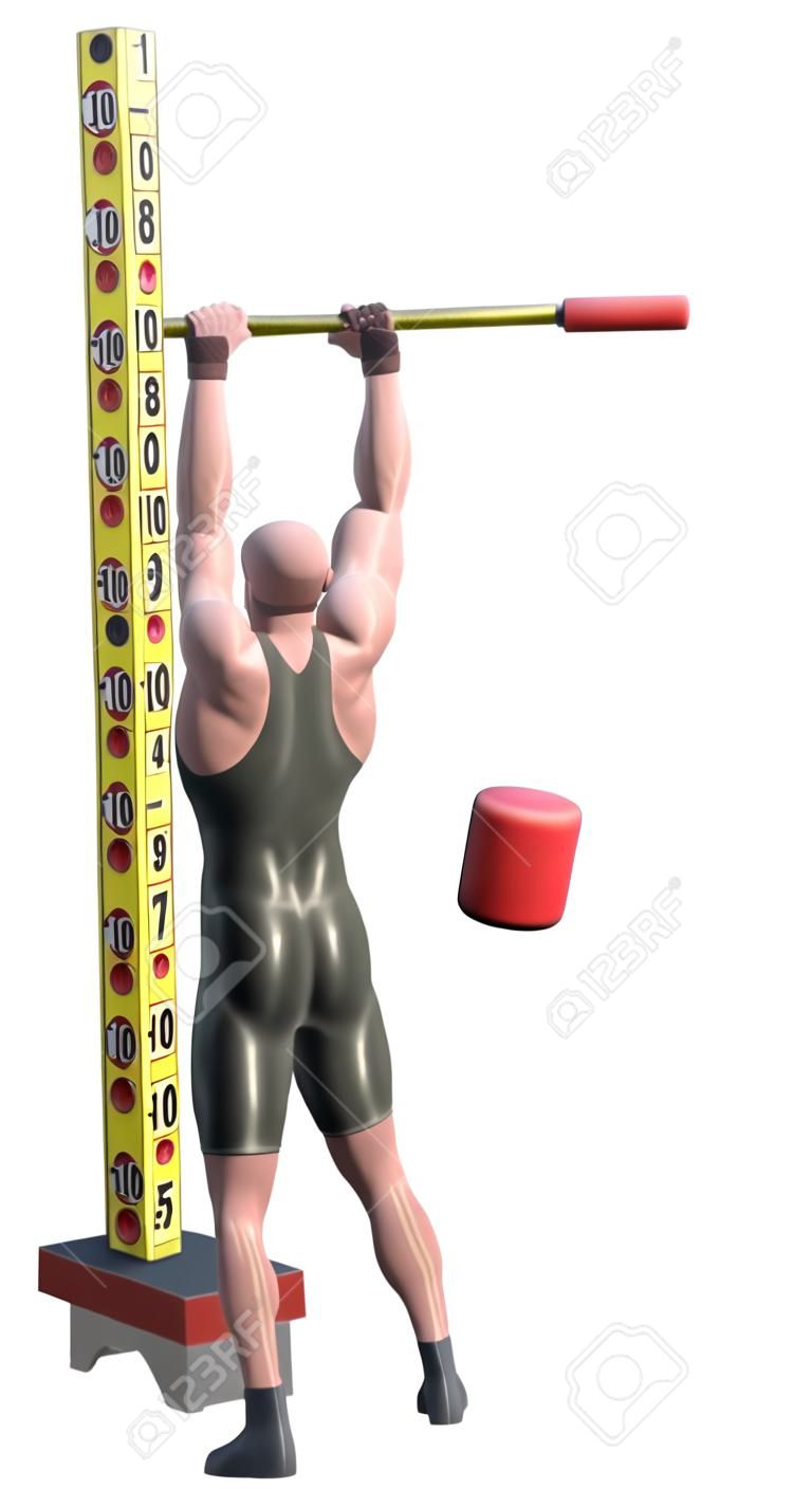 A Strongman with mallet striking a carnival strength test high-striker, isolated on white