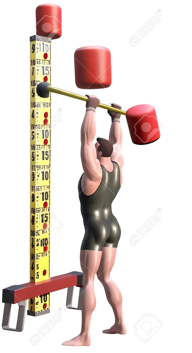A Strongman with mallet striking a carnival strength test high-striker, isolated on white