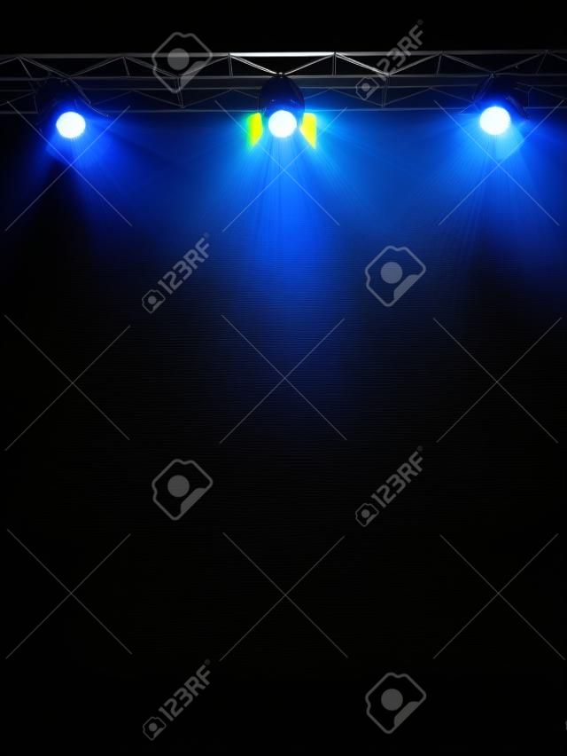 A Stage Light Rack with 3 Spotlights Shining down towards the middle of the layout in a dark area.