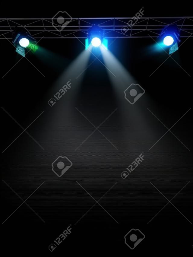 A Stage Light Rack with 3 Spotlights Shining down towards the middle of the layout in a dark area.