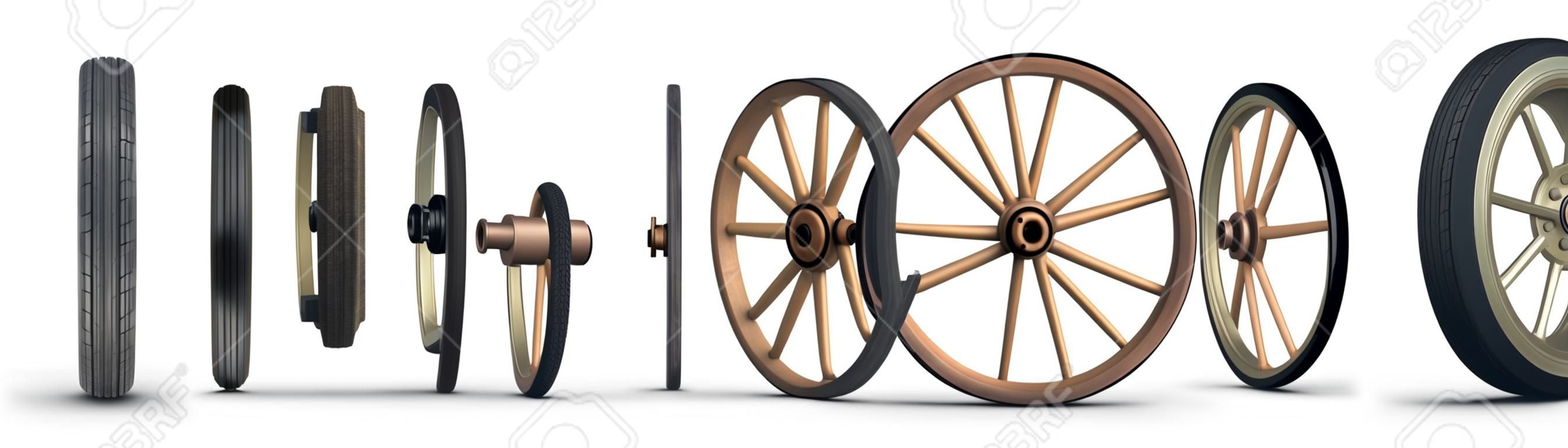 Illustrazione che mostra l'evoluzione della ruota partendo da una ruota di pietra e termina con un pneumatico radiale con cinturino in acciaio. Girato su uno sfondo bianco.