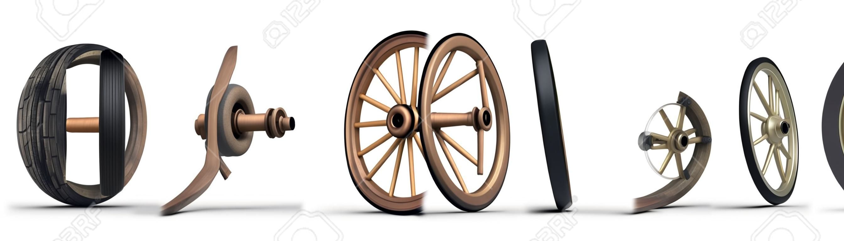 Ilustración que muestra la evolución de la rueda a partir de una rueda de piedra y terminando con una placa de acero dio llanta radial. Disparó sobre un fondo blanco.