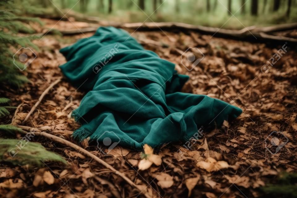 Corps mort d'un garçon caucasien aux pieds nus enveloppé dans une couverture et abandonné au sol dans la forêt