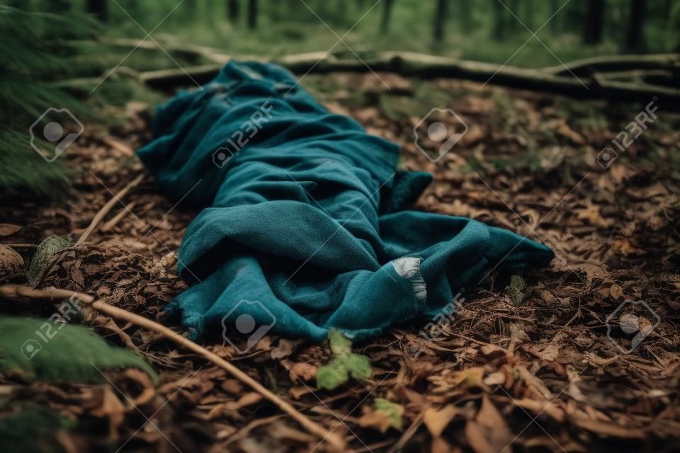 Corps mort d'un garçon caucasien aux pieds nus enveloppé dans une couverture et abandonné au sol dans la forêt