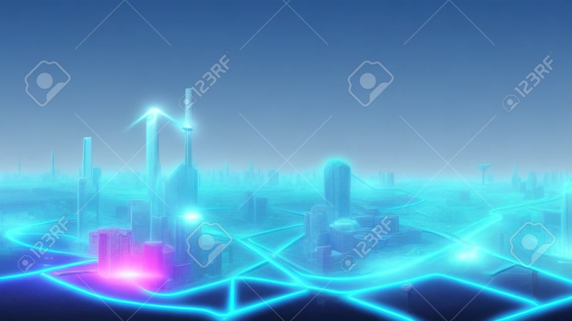 3D illustration A futuristic neon city in an isometric form. The concept of connecting devices and communication between devices Future city transport system banner.