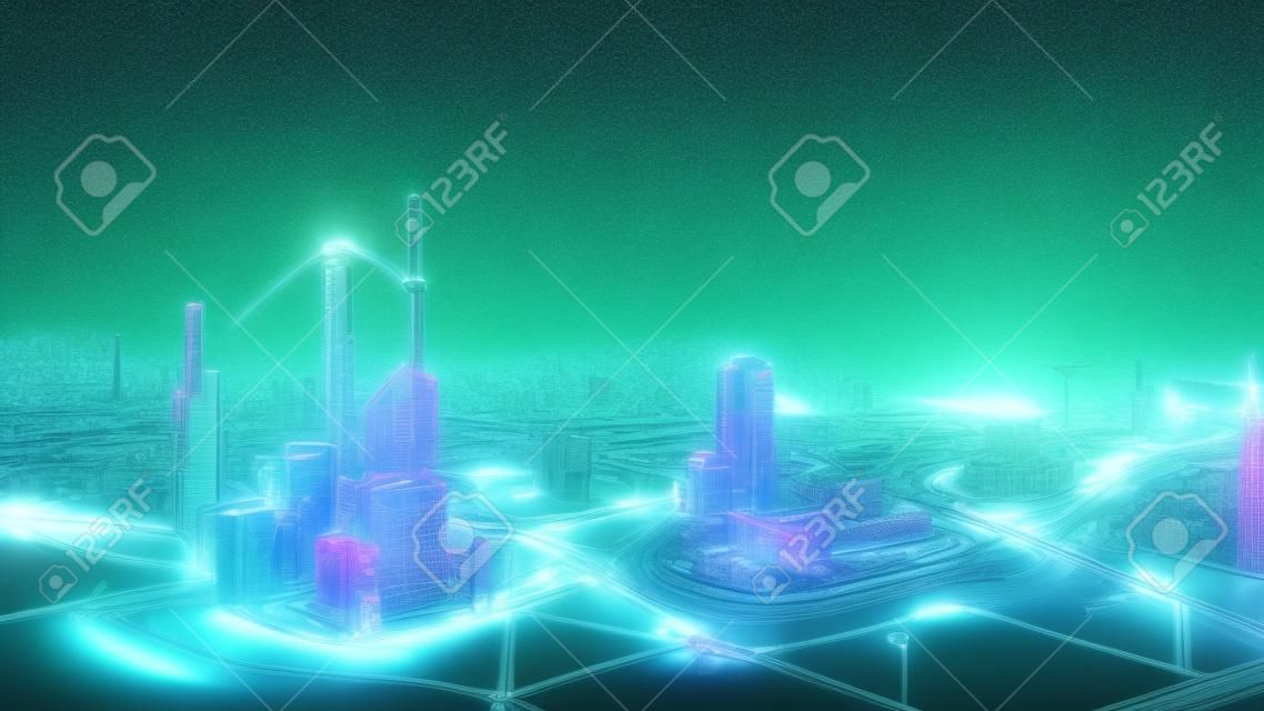 3d 그림 아이소메트릭 형태의 미래형 네온 도시. 장치 간의 연결 장치 및 통신 개념은 미래 도시 교통 시스템 배너입니다.
