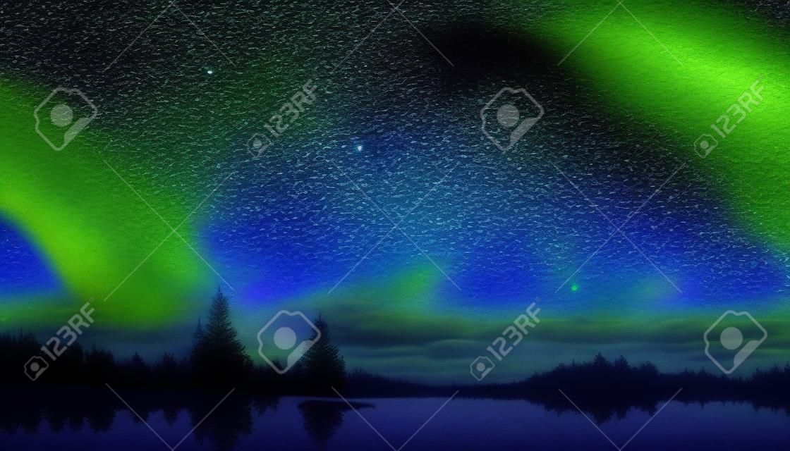 Prachtige landschap meer sterrenhemel nacht en noorderlicht, digitale kunst achtergrond. hoge kwaliteit foto wallpaper