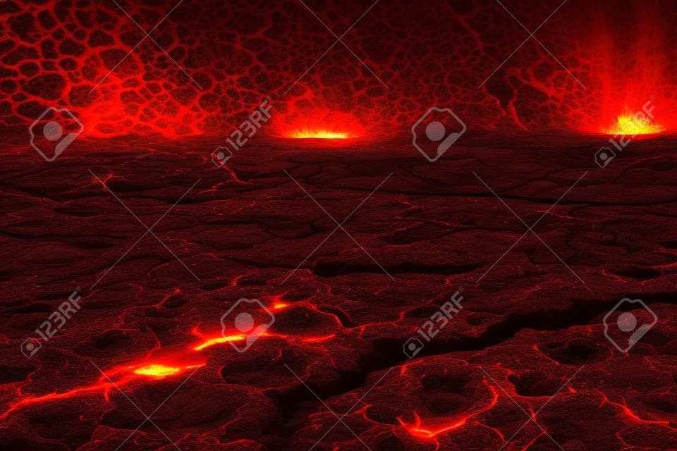 3D Render Molten Lava Texture Background. Lava was in the cracks of the earth to view the texture of the glow of volcanic magma in the cracks, the destroyed surface of the earth.