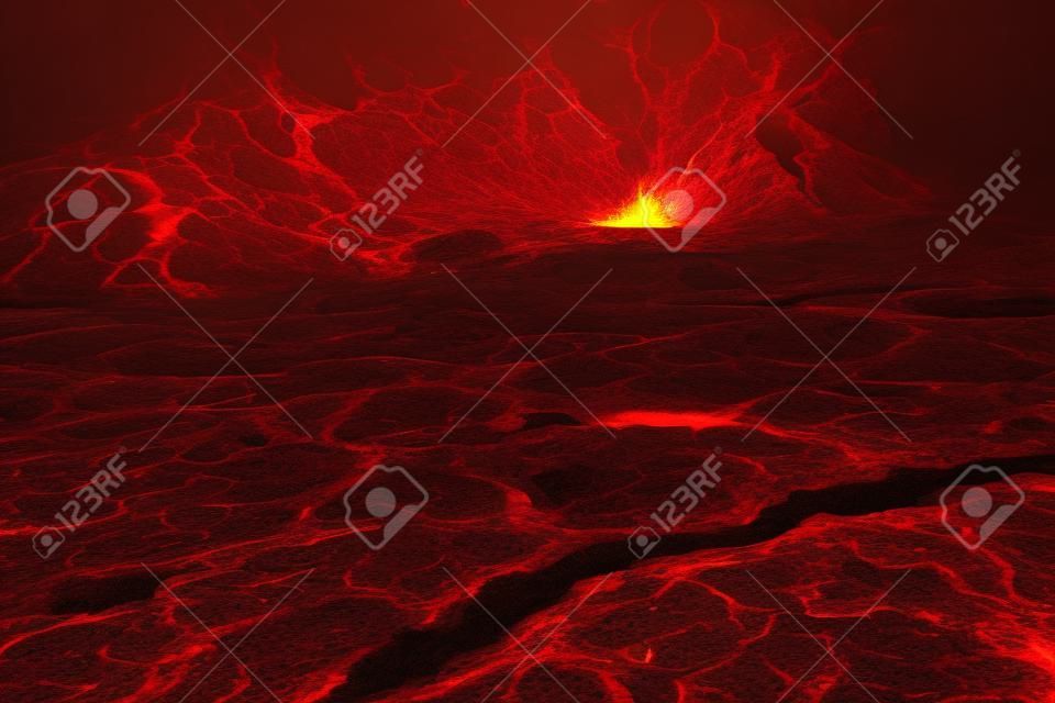 溶けた溶岩テクスチャ背景を3Dレンダリングします。溶岩は地球の亀裂にあり、地球の破壊された表面である亀裂の火山マグマの輝きの質感を見ていました。