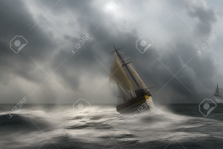 Barco pirata en tormenta con velas rotas. ilustración 3d