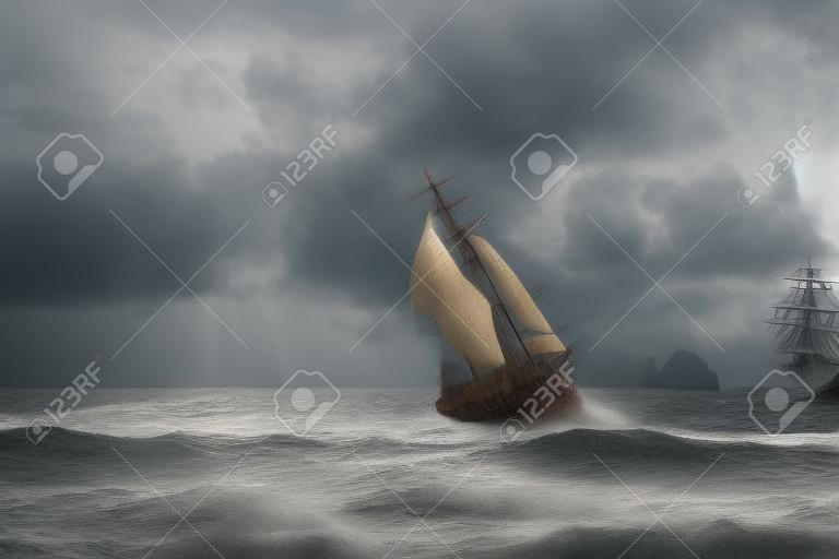 Barco pirata en tormenta con velas rotas. ilustración 3d