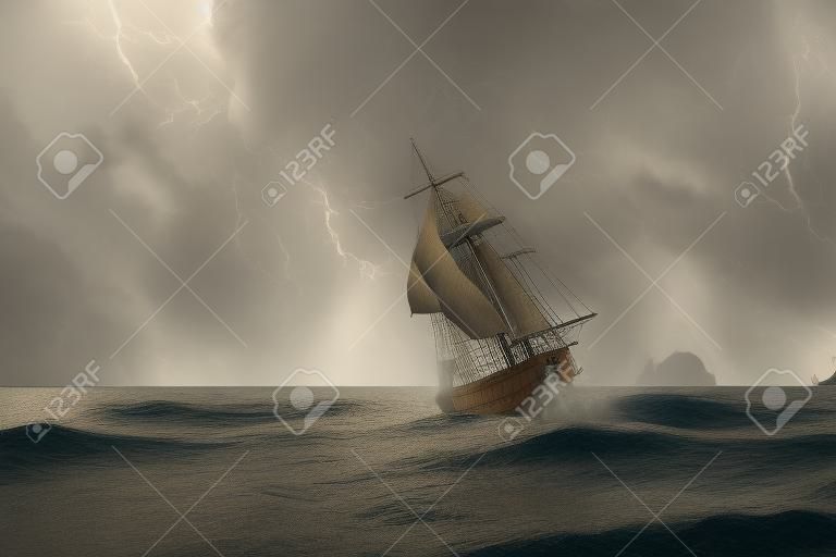 Navio pirata na tempestade com velas rasgadas. Ilustração 3D.