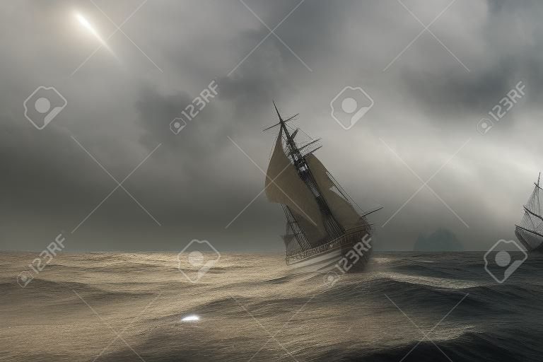Statek piracki w burzy z podartymi żaglami. ilustracja 3D.