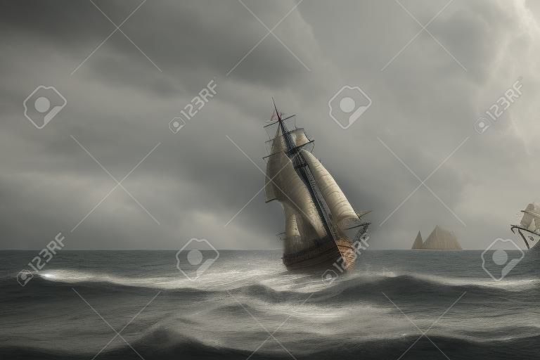 Piratenschip in storm met gescheurde zeilen. 3D illustratie.