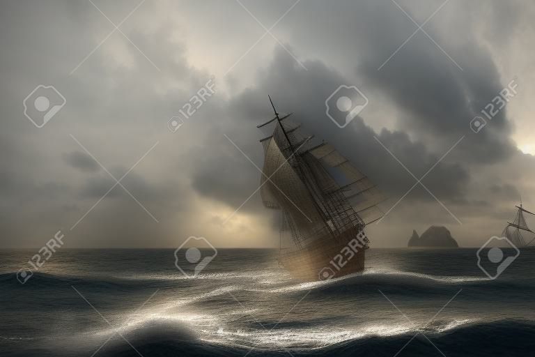 Pirate ship in storm with torn sails. 3D illustration.