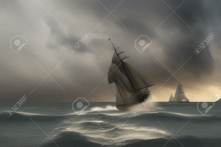 Bateau pirate en tempête avec voiles déchirées. Illustration 3D.