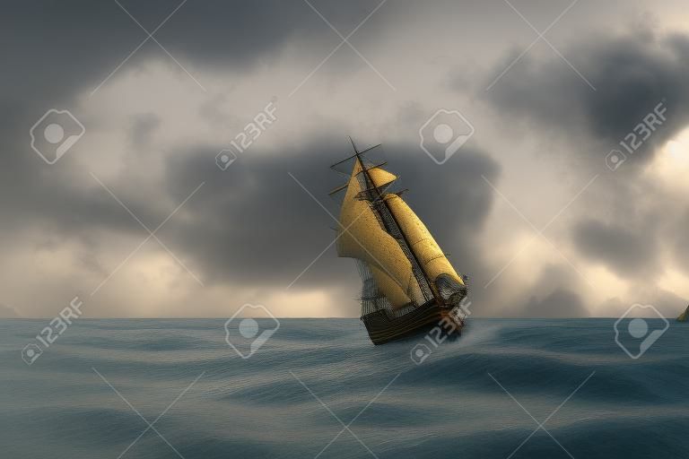 Piratenschiff im Sturm mit zerrissenen Segeln. 3D-Darstellung.