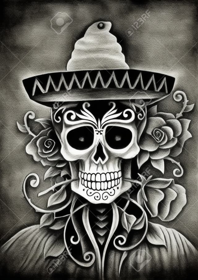 Arte cráneo Día del Dibujo dead.Hand en papel.