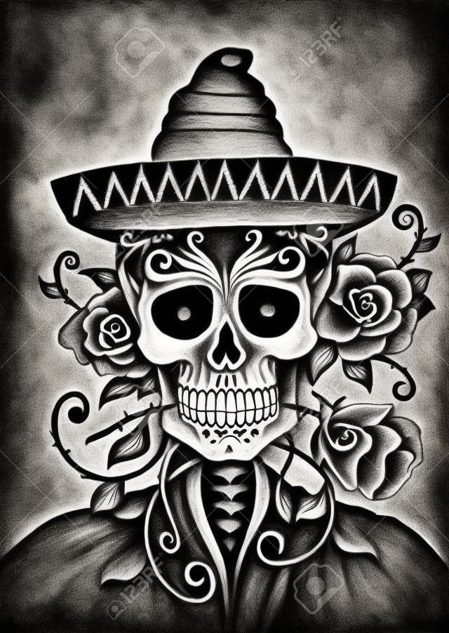Art Romantic Skull Day Of The Dead.Hand Pencil Drawing On Paper. Stock  Photo, Picture and Royalty Free Image. Image 90536405.