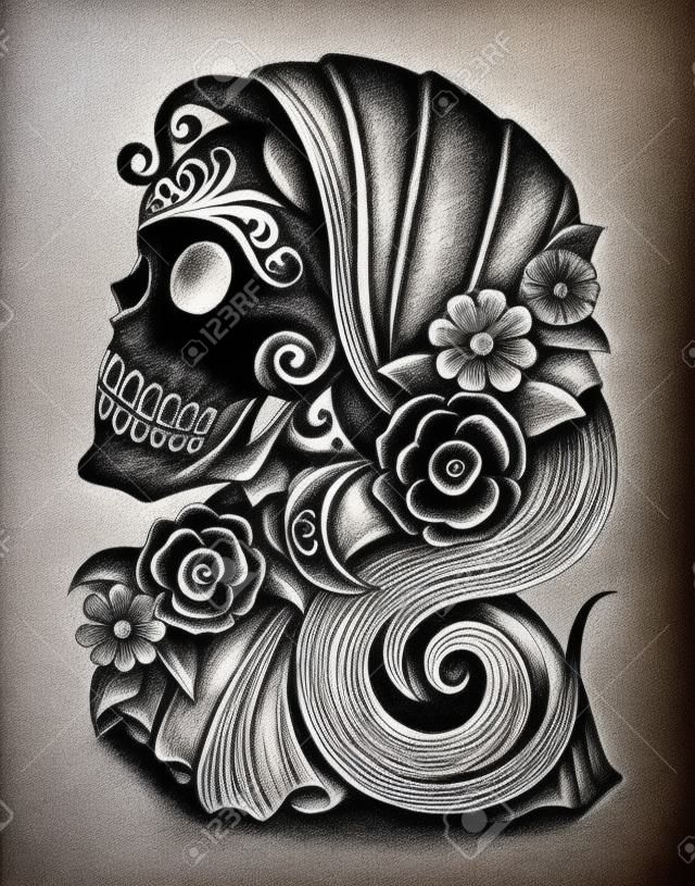 Art Skull Day of the dead.Hand Drawing on paper.