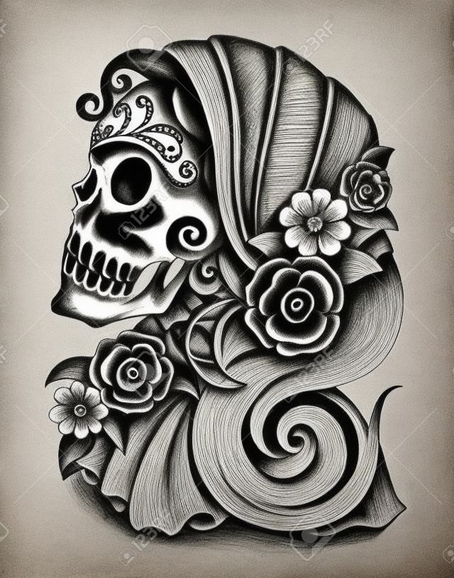 Art Skull Giorno della dead.Hand disegno su carta.
