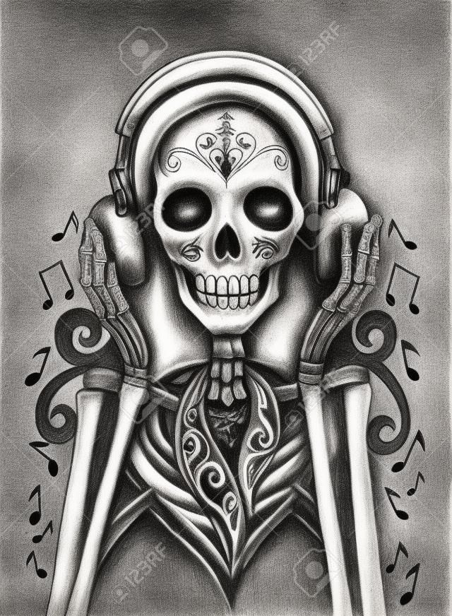 Skull art listen music day of the dead festival.Hand pencil drawing on paper.