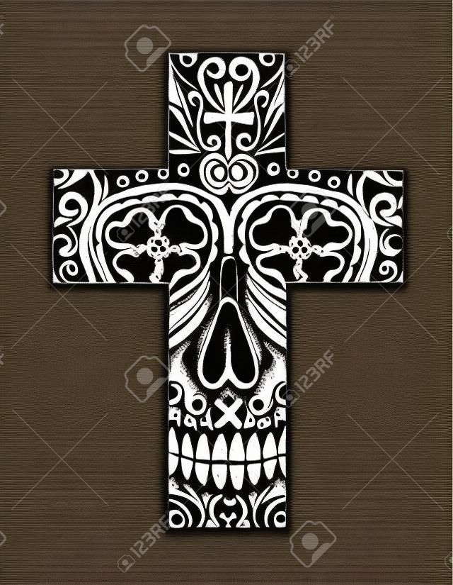Art skull cross day of the dead. Hand drawing on paper.